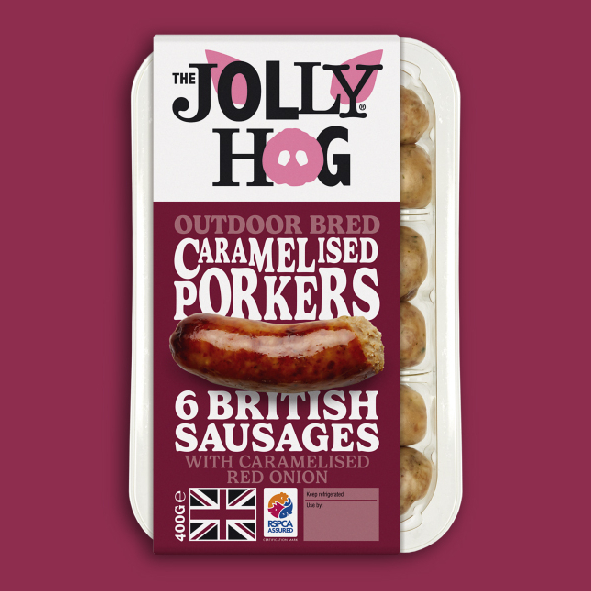 British sausages. Caramelised onion sausages. Caramelized onion sausages. Outdoor bred sausages. The Jolly Hog sausages. RSPCA Assured sausages,